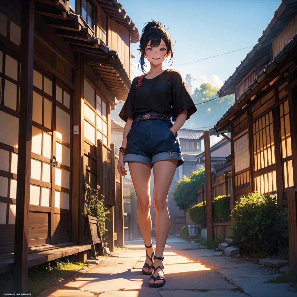 A young girl standing by a traditional Japanese home, blue sky, gravel garden, waving her arm, , wearing shorts and black t-shirt, beaded bracelet on right wrist, sandals, tanned skin, smiling, medium shot, black hair in ponytail with blue hairpin on bangs, beautiful detailed eyes, beautiful detailed lips, extremely detailed eyes and face, long eyelashes, intricate details, natural lighting, warm color tones, vibrant colors, cinematic, studio lighting, professional photography, landscape, architectural, concept art