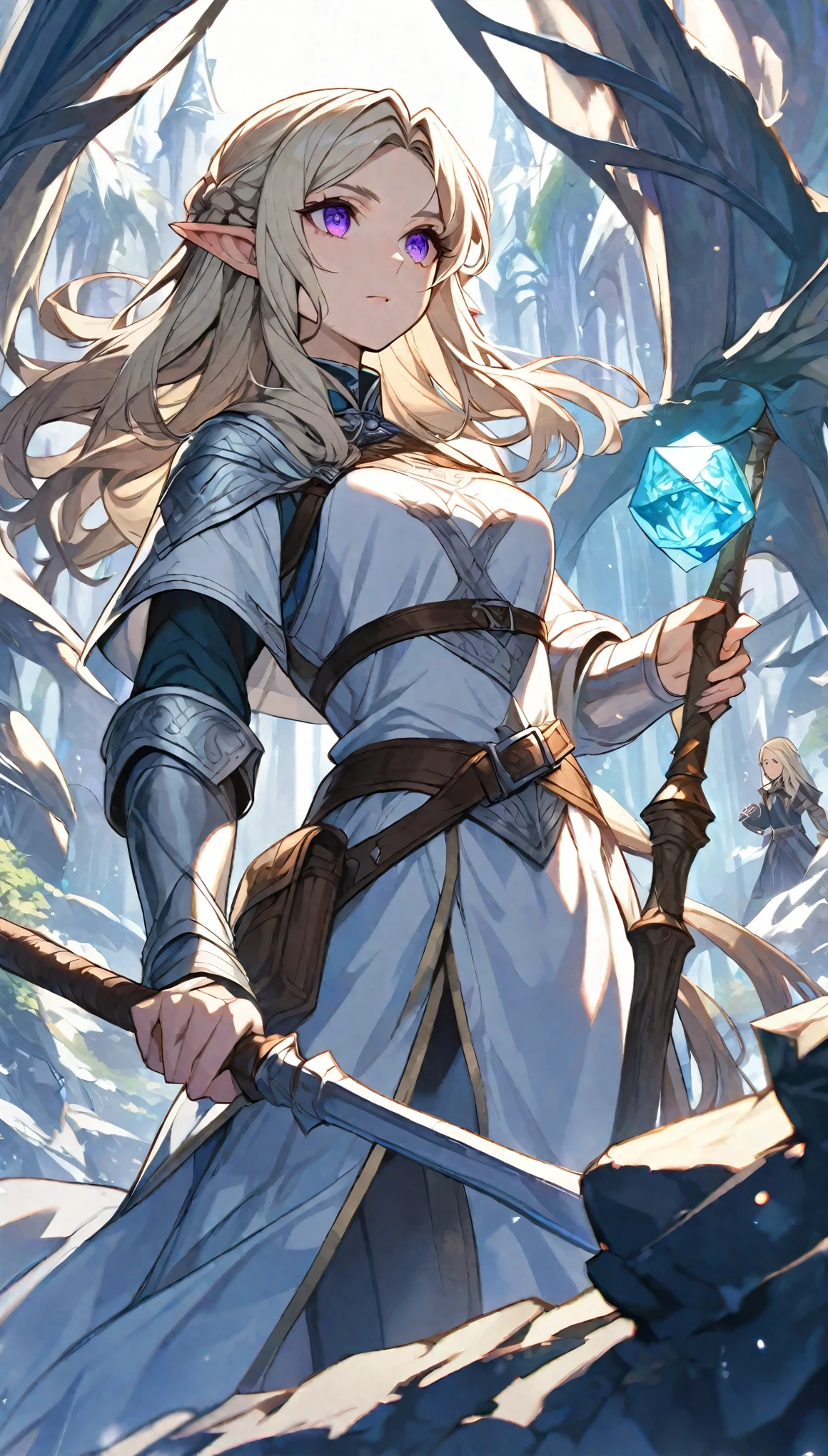 Solitary, woman, beautiful, Medium Length Platinum Blonde Hair,with bangs, Half-tied and half-down hair, Purple Eyes, White coat, d&d, Elf, middle Ages