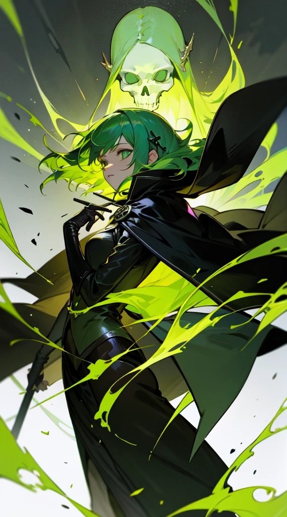 One girl, alone, Lord of the Dead, Necromancer, Cape, Black Leather, Temporary skull, Yellow-green hair