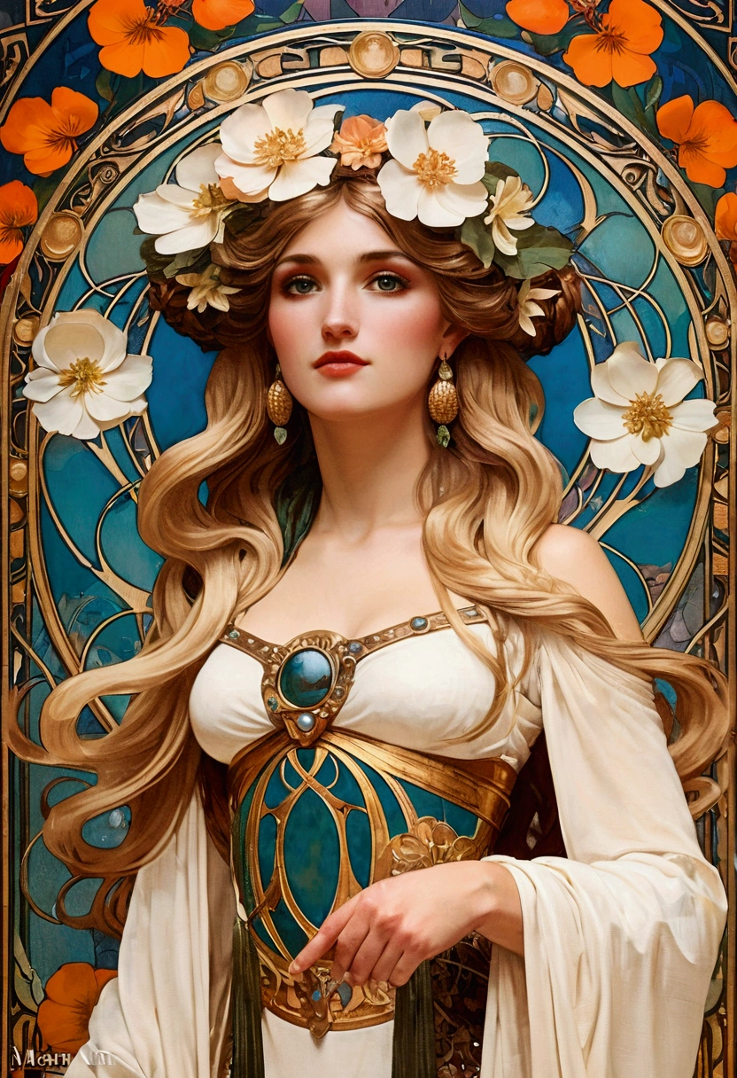 European woman portrait,goddess, above waist, Long flowing hair, Blonde, Oil painting, Model imposing, flower frame, decorative panel, abstraction, directed by: Alphonse Mucha (Main part, extremely high quality, High resolution: 1.4), detailed, intricate details, splash of colour, Line art, Fibonacci, Wear underwear, atmospheric perspective, Art Nouveau, 4k