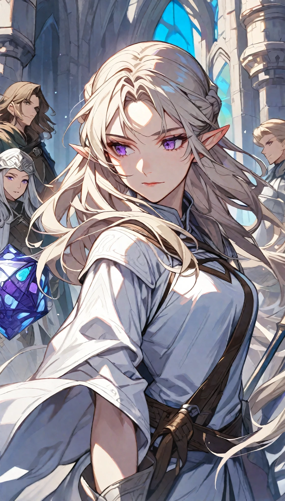 Solitary, woman, beautiful, Medium Length Platinum Blonde Hair,with bangs, Half-tied and half-down hair, Purple Eyes, White coat, d&d, Elf, middle Ages