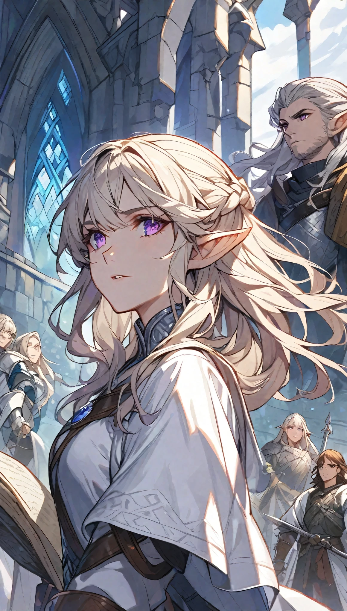 Solitary, woman, beautiful, Medium Length Platinum Blonde Hair,with bangs, Half-tied and half-down hair, Purple Eyes, White coat, d&d, Elf, middle Ages