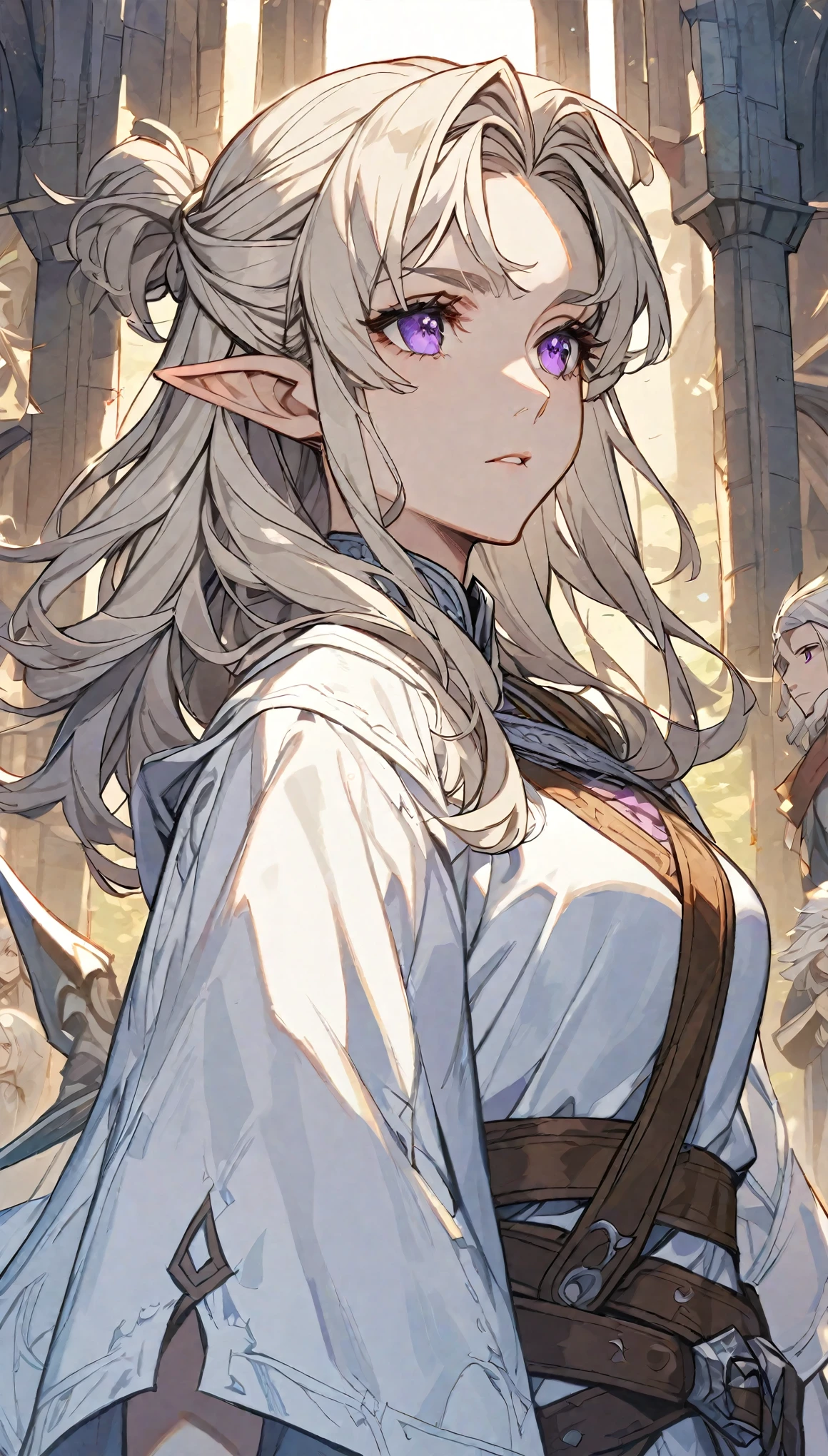 Solitary, woman, beautiful, Medium Length Platinum Blonde Hair,with bangs, Half-tied and half-down hair, Purple Eyes, White coat, d&d, Elf, middle Ages