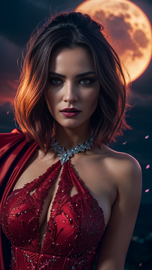masterpiece, best quality,, sexy women, (colorful),(Finely detailed beautiful eyes and detailed face),cinematic lighting,bust shot,Extreme detail CG Unity 8K wallpaper,nice hair,alone,Angry face,red gown,((flying petal)), heaven, cloudy_heaven, Building, Mondlight, Mond, natta, (dark theme:1.3), light, Fantasies, brunette's hair