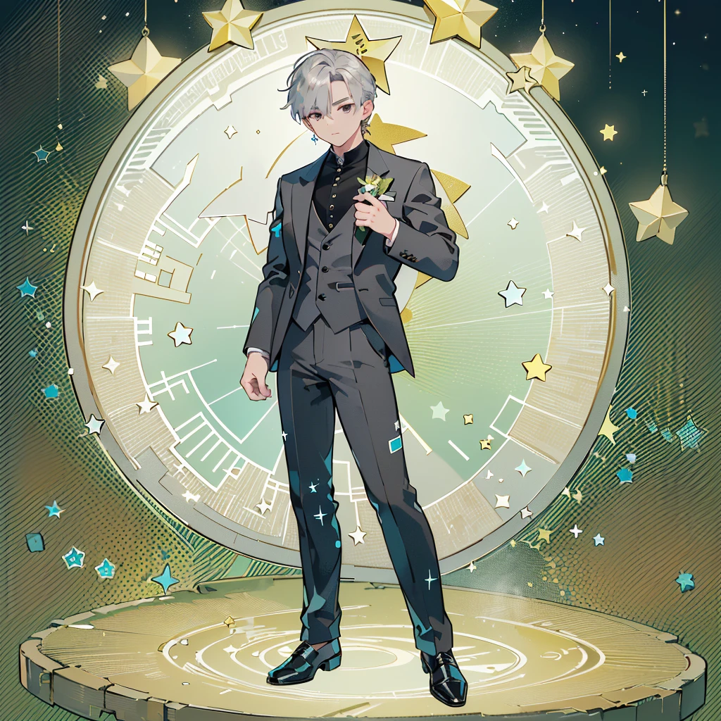 ((Highest quality，masterpiece，Extremely sophisticated details，Full body picture of a handsome Korean-style man with short silver hair，Holding a big three-dimensional star in hand，Wearing a boss&#39;s formal short black suit without tie and high collar，singer))，Extremely mature and handsome，super handsome guy，Small silver jewelry decoration，Gorgeous stage background，Q version