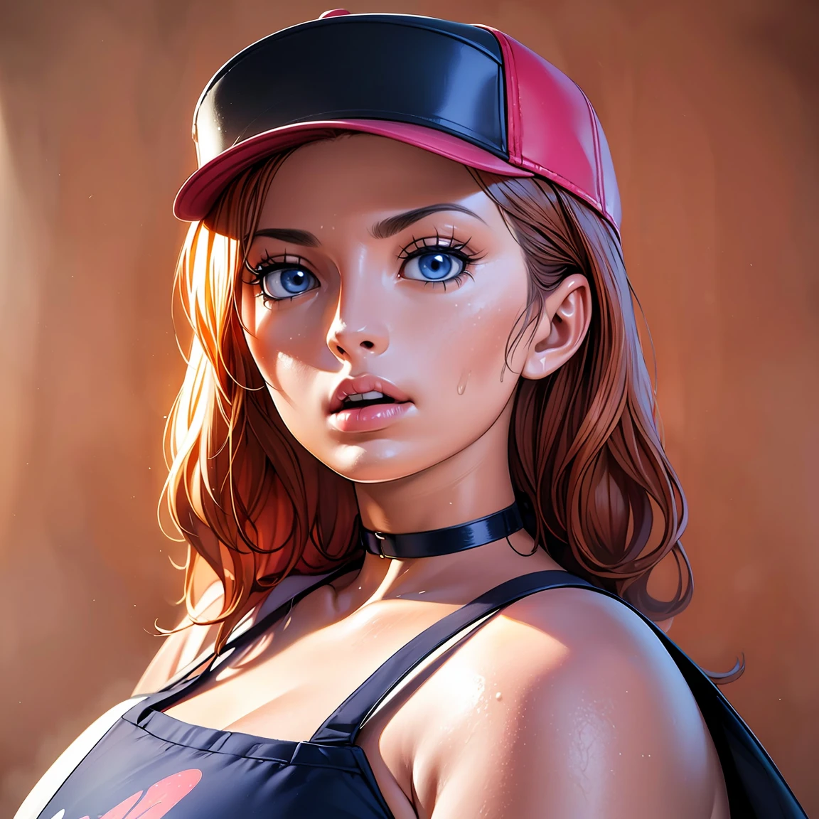 (best quality,highres),(realistic:1.37),(portrait),(studio lighting), ,solo mature woman,curvy, giant breasts, giant ass,straight strawberry blonde hair, dusty blue eyes,full lips, seductive, choker, painter's apron,painter's hat