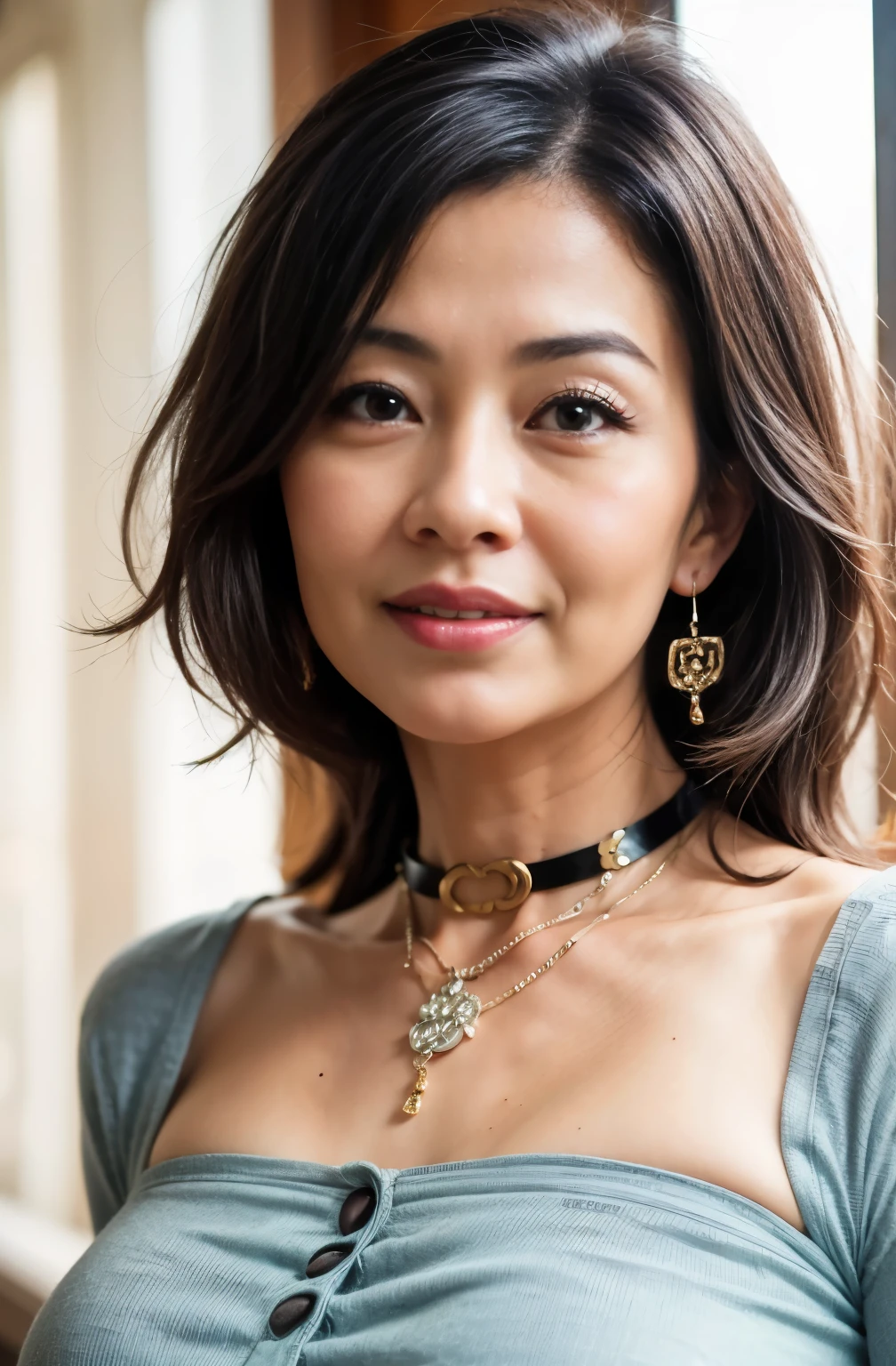 75 years old　Mom　MILF　Chinese Lady　large earring　Big choker　navel piercing decoration　A bracelet　Silver Hair　realisitic　Gorgeous Madame Beautiful Mature Woman　sexy　Smile　Gentle woman navel piercing　４K　High quality タンクトップ
