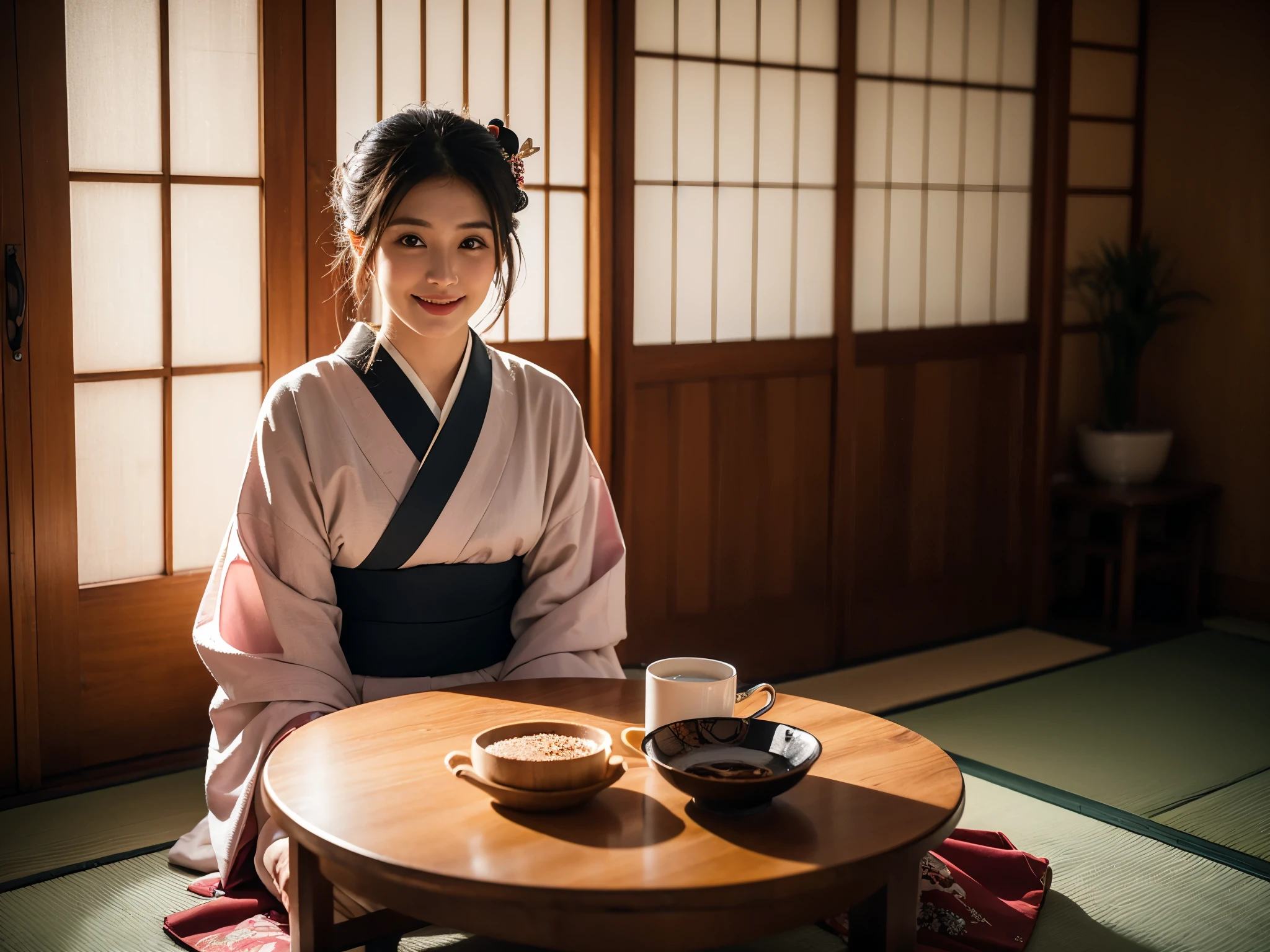 Sitting-straight shot, Best quality, a 25y chubby latin women, wearing a Japanese Kimono in a kneeled proper sitting position with hands on her lap, Kimono hairstyle, moody atmosphere, beautiful shadow, room light exposure, sitting on wooden tilted floor next to a Japanese low table, in a Japanese wooden house, smiling directly facing camera, kodacrhome, cinematic lighting, masterpiece composition, perfect direct of photography, realistic face and eyes, realistic skin, ultra highly detailed, centered object, sharp focus, beautiful film bokeh, surreal view, candid photo, shot by zenit camera with 35mm lens, cinematic photo by annie leibovitz