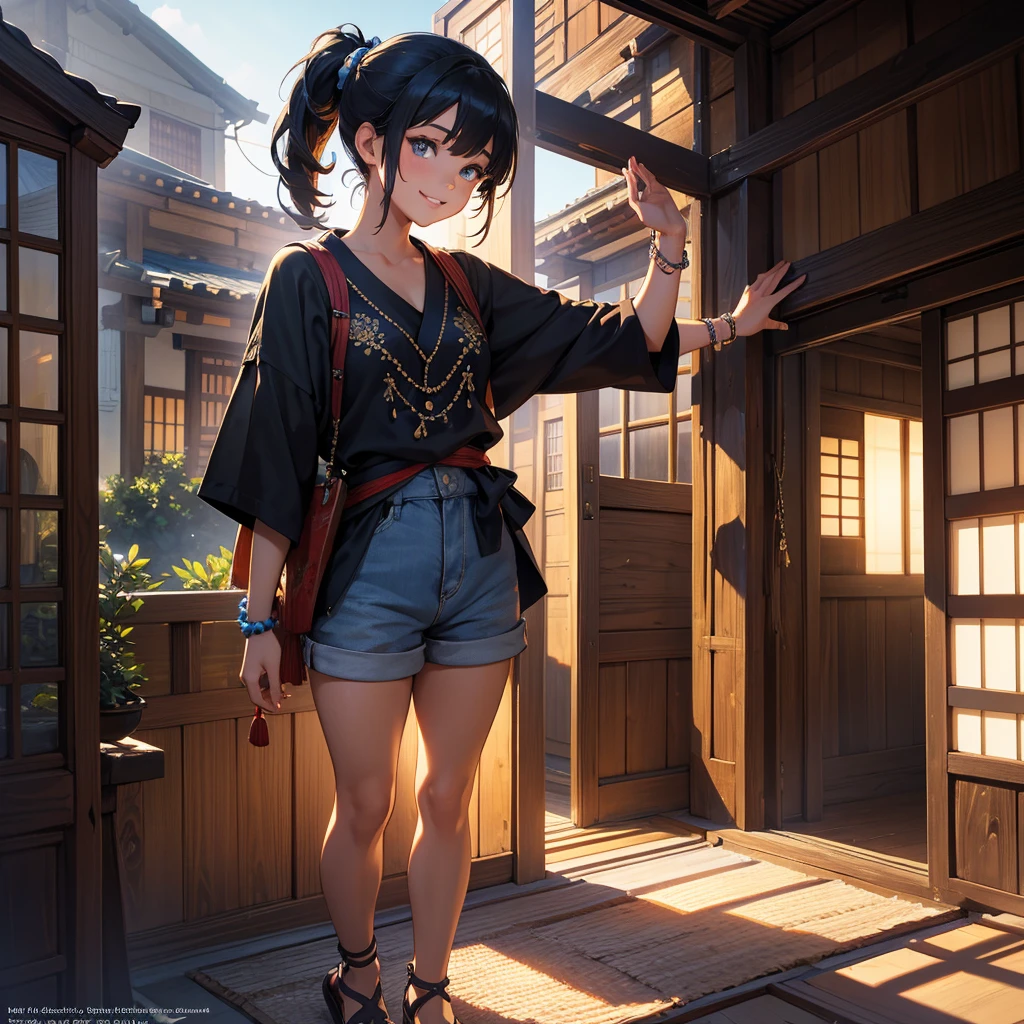A young girl standing by a traditional Japanese home, blue sky, gravel garden, waving her arm for viewer, 12 years old, wearing shorts and black t-shirt, beaded bracelet on right wrist, sandals, tanned skin, smiling, medium shot, black hair in ponytail with blue hairpin on bangs, beautiful detailed eyes, beautiful detailed lips, extremely detailed eyes and face, long eyelashes, intricate details, natural lighting, warm color tones, vibrant colors, cinematic, studio lighting, professional photography, landscape, architectural, concept art