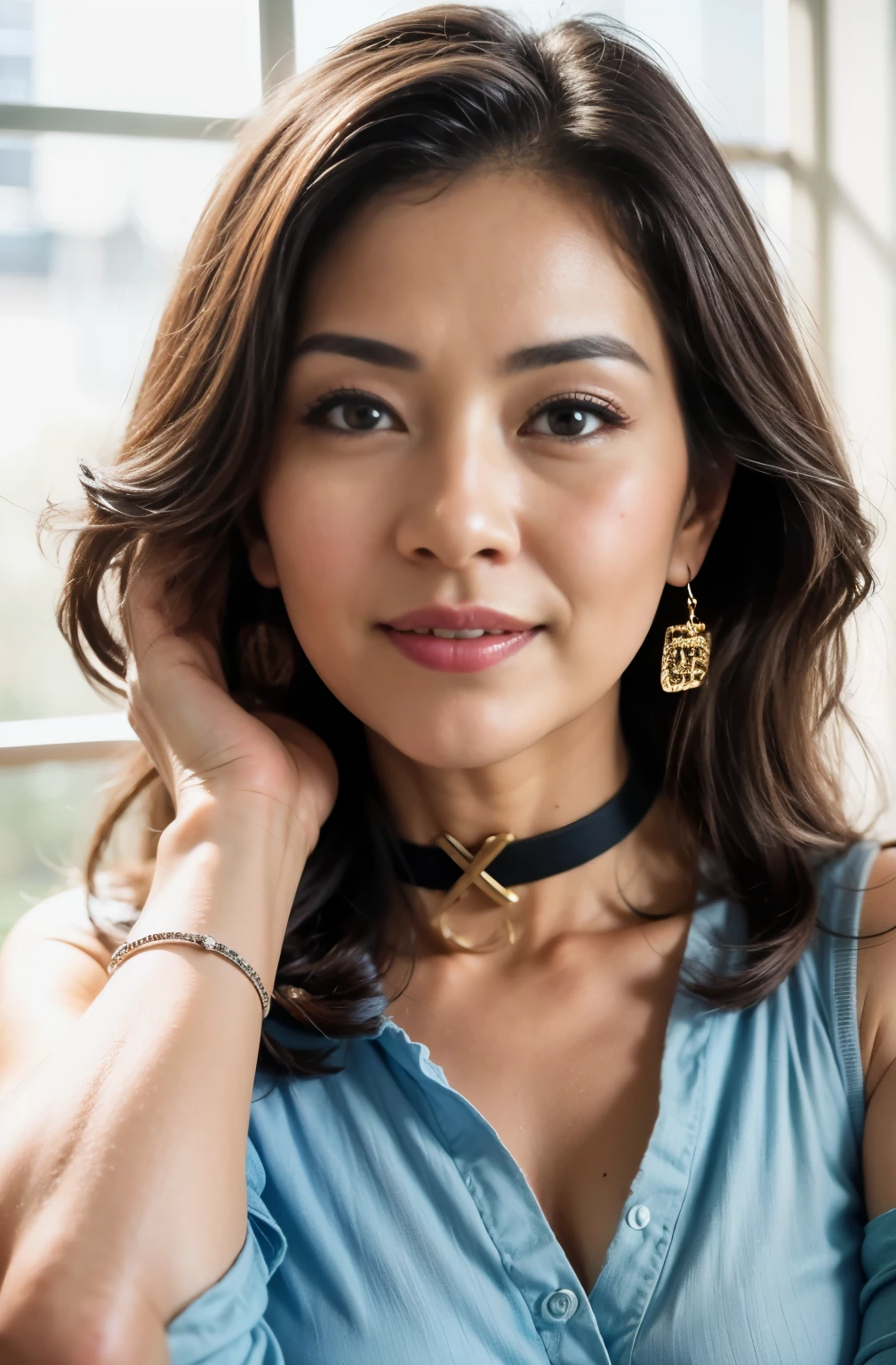 75 years old mom milf Chinese Lady large earring Big choker navel piercing decoration A bracelet Silver Hair realisitic Gorgeous Madame Beautiful Mature Woman sexly Smile Gentle woman navel piercing 4K High quality gorgeous madam beautiful mature woman White blouse summer