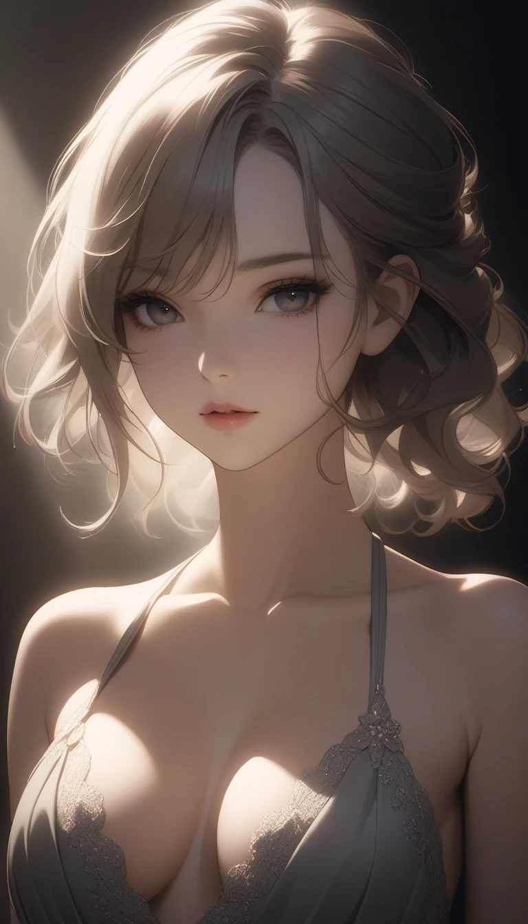 a sensual woman in a low-cut dress, cleavage visible, captivating expression, elegant pose, soft lighting, photorealistic, cinematic composition, muted color palette, chiaroscuro lighting, dreamlike atmosphere, ethereal beauty, delicate details, flawless skin, sultry gaze