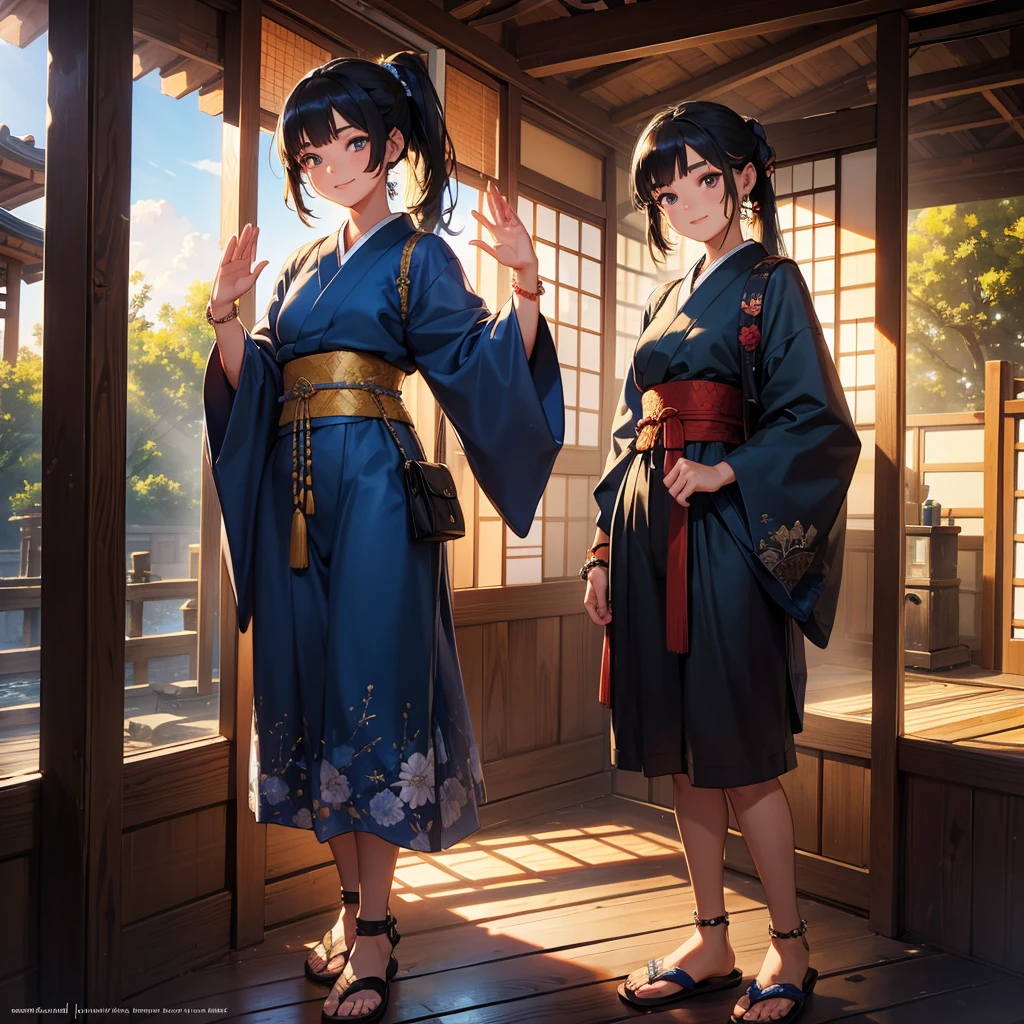 A young girl standing by a traditional Japanese home, blue sky, gravel garden, waving her arm, 12 years old, wearing shorts and black t-shirt, beaded bracelet on right wrist, sandals, tanned skin, smiling, medium shot, black hair in ponytail with blue hairpin on bangs, beautiful detailed eyes, beautiful detailed lips, extremely detailed eyes and face, long eyelashes, intricate details, natural lighting, warm color tones, vibrant colors, cinematic, studio lighting, professional photography, landscape, architectural, concept art