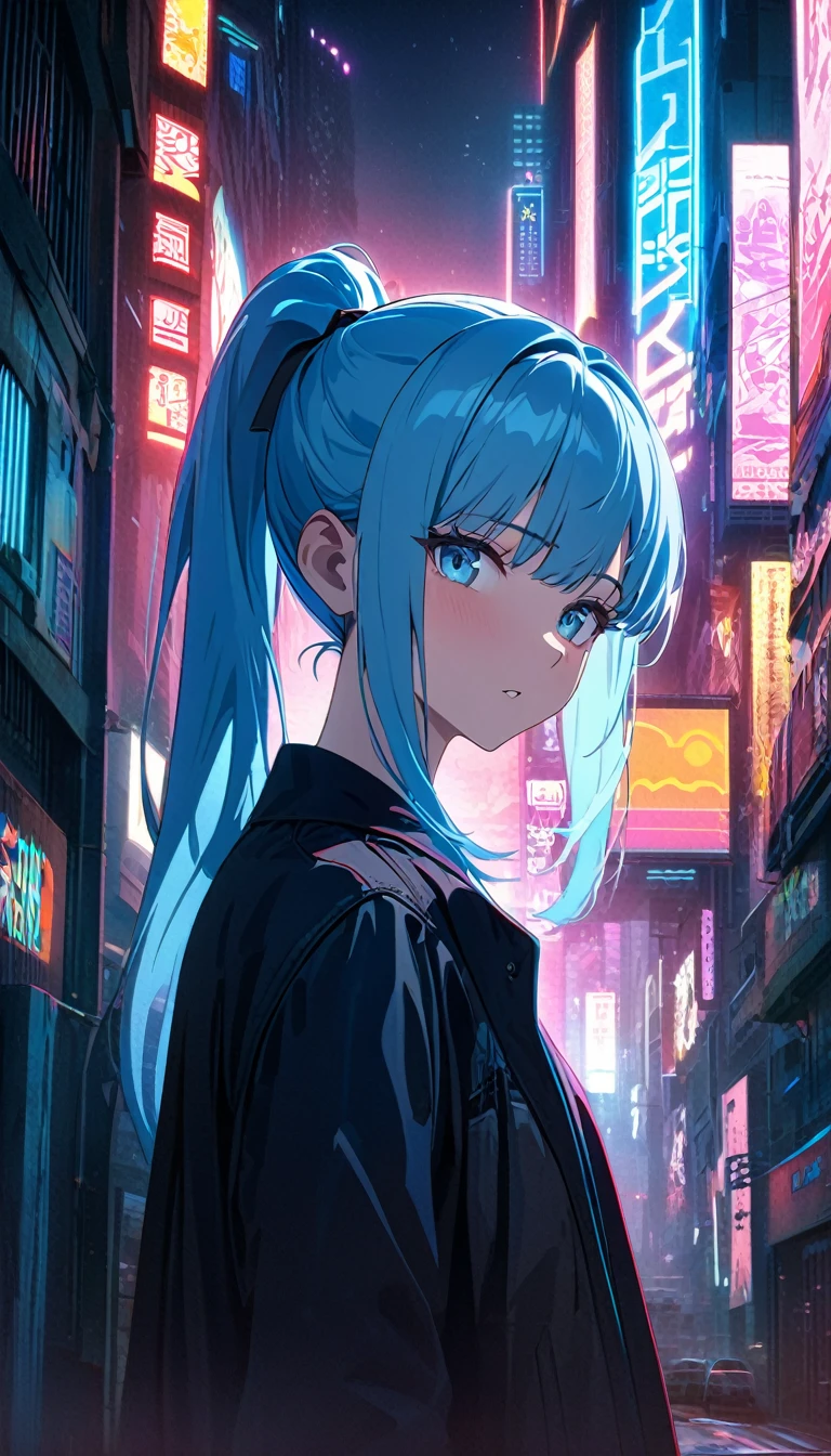 ((masterpiece, best quality)), very aesthetic, ultra detailed, intricate details, highly detailed, UHD, HDR, 8K, perfect face, Silhouette creepy highschool girl in part at night with glowing eyes, night, atmosphere, a cool woman with light blue hair, straight bangs, side locks, long pony tail, sparkling blue eyes, head tilted up, anime style, makoto shinkai anime movie poster, cyberpunk background, cyberpunk buildings in the background, hong kong, sci-fi city, neon lights, fluorescent, futuristic, wong kar wai, cinematic lighting, detailed background, neat and clean, thin lines, vibrant environment background, (newest anime art style)