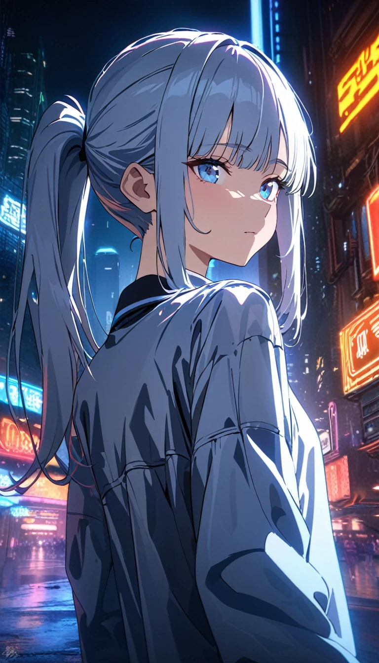 ((masterpiece, best quality)), very aesthetic, ultra detailed, intricate details, highly detailed, UHD, HDR, 8K, perfect face, Silhouette creepy highschool girl in part at night with glowing eyes, night, atmosphere, a cool woman with light blue hair, straight bangs, side locks, long pony tail, sparkling blue eyes, head tilted up, anime style, makoto shinkai anime movie poster, cyberpunk background, cyberpunk buildings in the background, hong kong, sci-fi city, neon lights, fluorescent, futuristic, wong kar wai, cinematic lighting, detailed background, neat and clean, thin lines, vibrant environment background, (newest anime art style)