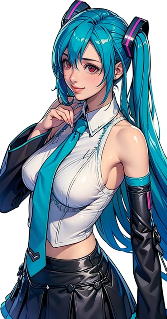 masterpiece, hatsune miku, White shirt, Blue tie, Exposing shoulders, The sleeves are separated, Evil Smiley Face, Dark Skin, Red eyes, Iris, Pupil orange,