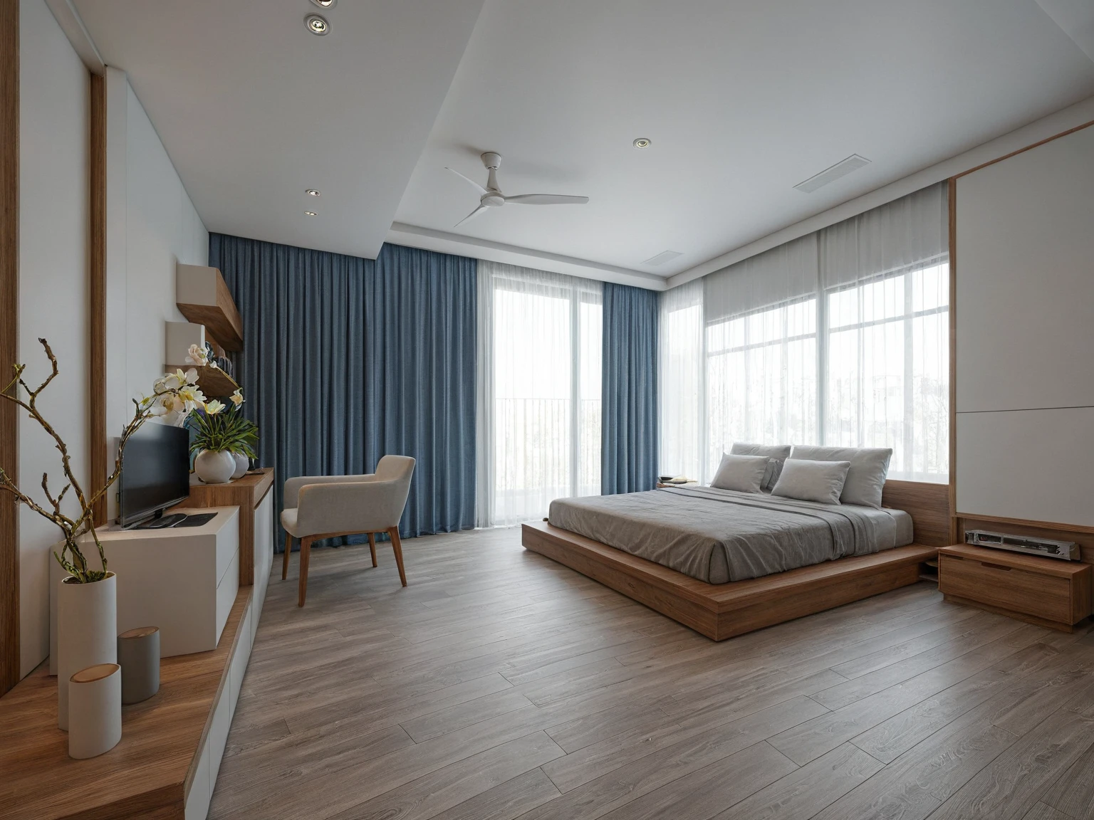 (RAW photo, masterpiece, best quality,ultra-detailed, extremely delicate and beautiful, highresolution, best shadow:1.1), modern livingroom and kitchen, curtain, natural view, tv cabinet, reflective floor, (white and blue wall), grey wall accent, wine racks, wooden ceiling fan, white ceiling, plant and flower, interior lighting, 
realistic lighting