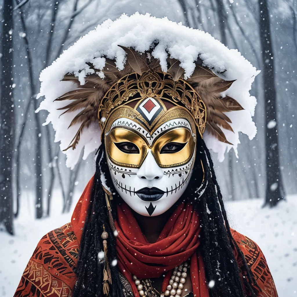 DamShelma's art capturing an awe-inspiring lady donning traditional African voodoo mask, encircled by a mystical snowfall in wintertime, snowy backdrop, voodoo mask intricate patterns, cold climate, heavy snowflakes drifting down, masked face mystery and enchantment, magic realism style, snowy landscape, winter chill, ethereal beauty, contrasting elements- tropical mask, frosty environment, enhanced detail, vivid colors, eerie allure, digitally rendered, aesthetics of intrigue