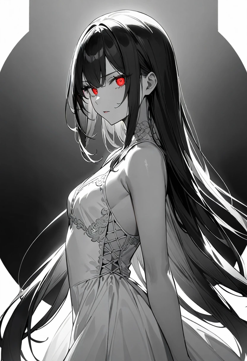 (masterpiece, top quality, very aesthetic, 4k、illustration), intricate detail, 1woman,、solo,contrapposto 、Strong glowing eyes、,(cowboy shot)、light persona、(monochrome),beautiful face、from side、determined、straight hair、red to black gradient hair、,middle hair,sidelock ,red　eyes、white Summer Dresses、small breasts、Slim 、