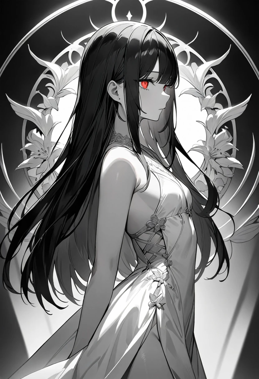 (masterpiece, top quality, very aesthetic, 4k、illustration), intricate detail, 1woman,、solo,contrapposto 、Strong glowing eyes、,(cowboy shot)、light persona、(monochrome),beautiful face、from side、determined、straight hair、red to black gradient hair、,middle hair,sidelock ,red　eyes、white Summer Dresses、small breasts、Slim 、