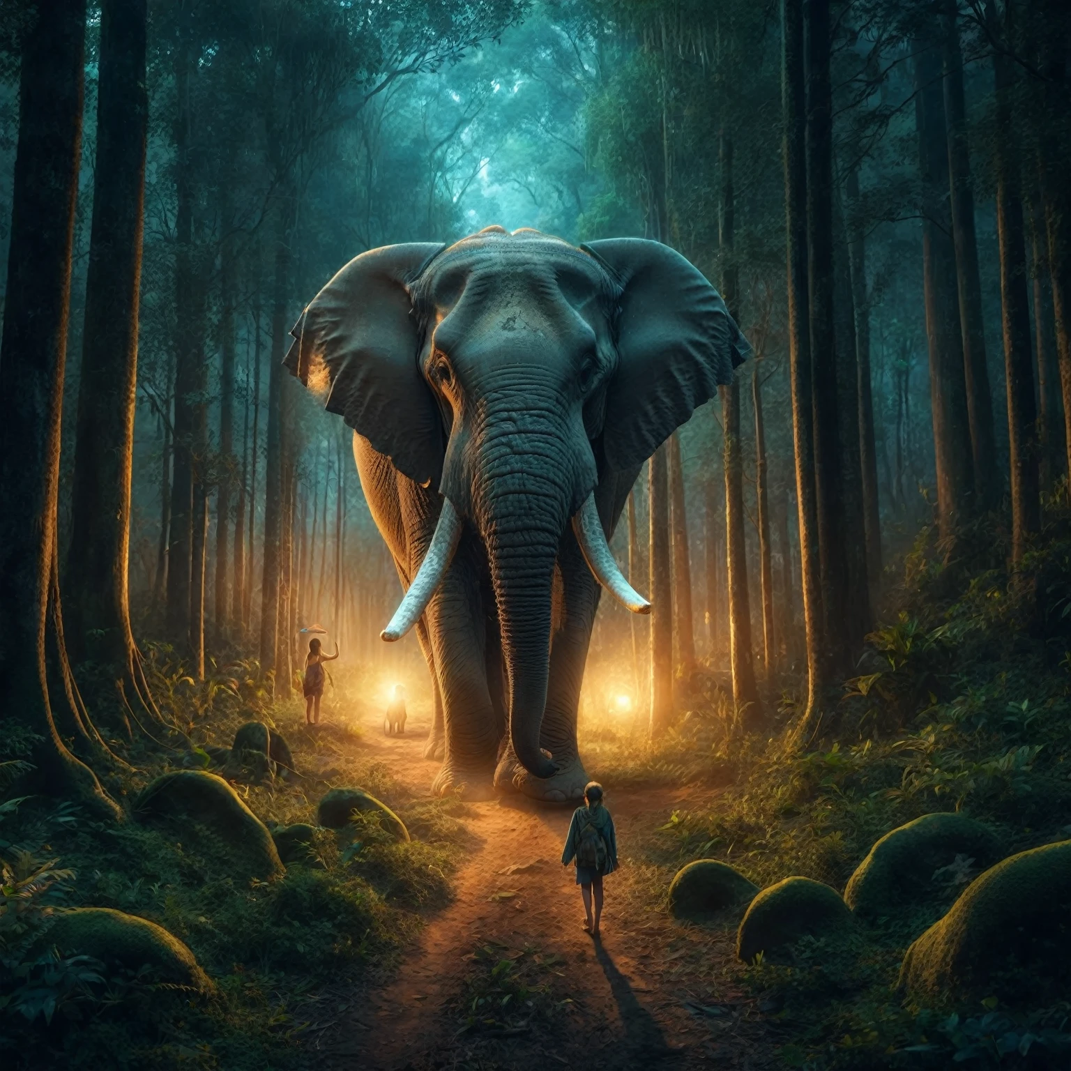a whild elephant sitting in the jungle, thick dark forest, leaves, plants tall trees everywhere, a old women holding hand of a kid and standing near to elephant