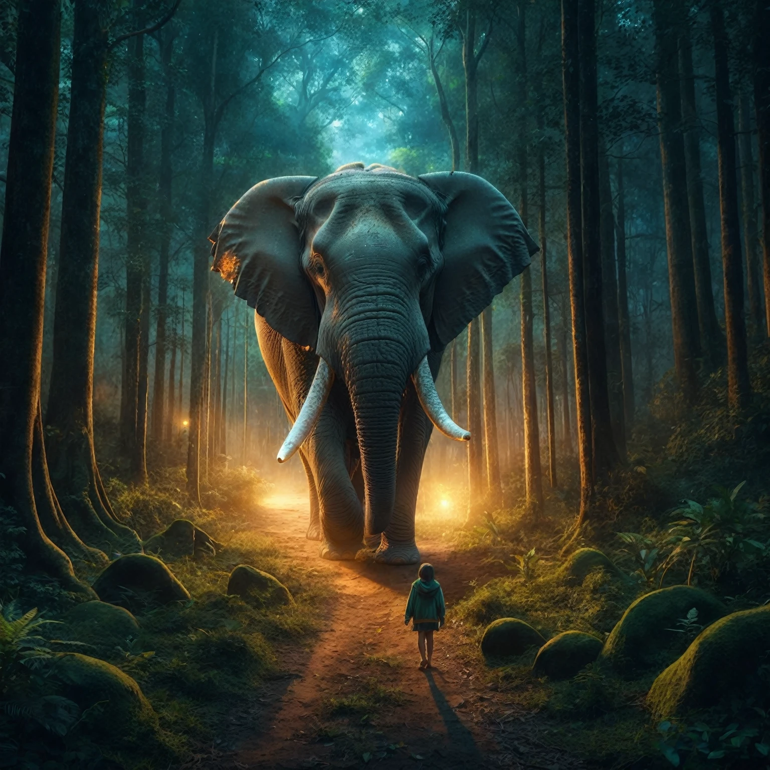 a whild elephant sitting in the jungle, thick dark forest, leaves, plants tall trees everywhere, a old women holding hand of a kid and standing near to elephant