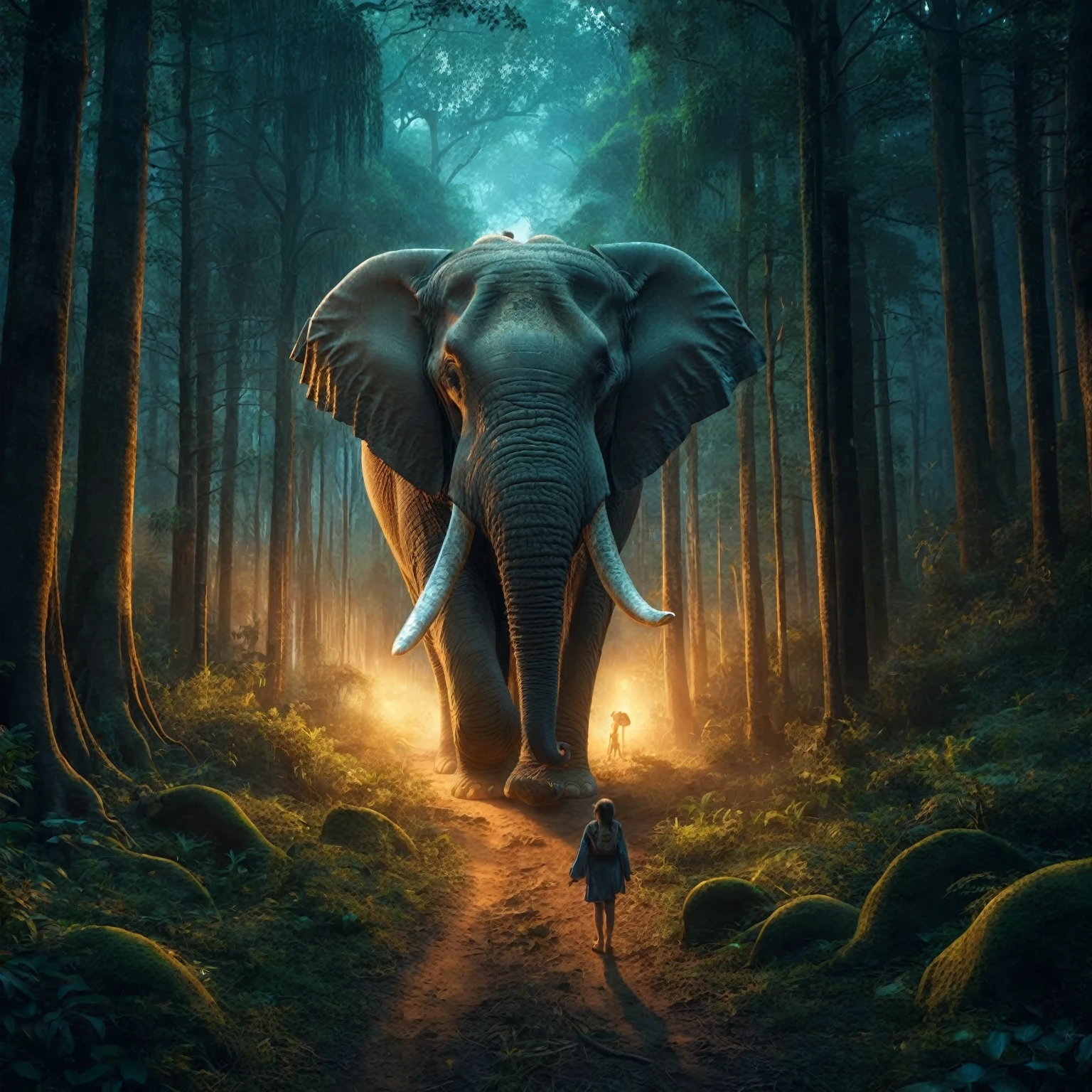 a whild elephant sitting in the jungle, thick dark forest, leaves, plants tall trees everywhere, a old women holding hand of a kid and standing near to elephant