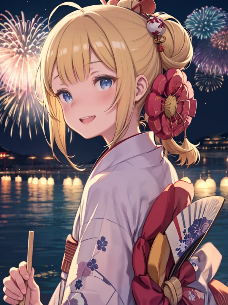 One Girl、Japanese Festivals、Fireworks display、yukata、kimono、night、Fireworks、look back、Holding a fan、laughing、Blonde Hair、Blue Eyes、Chignon、