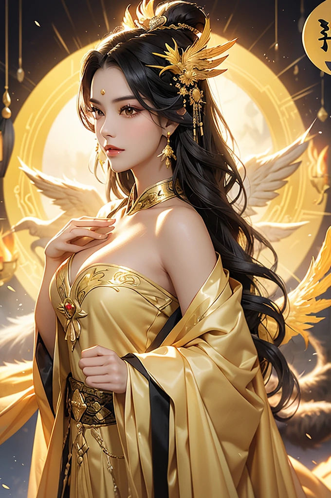 Black Hair, Immortal, Beauty, Royal sister, Stepmother, Gold yellow Taoist robe, Phoenix Coronet, Hair Bunch, Phoenix Sense, Beautiful breasts