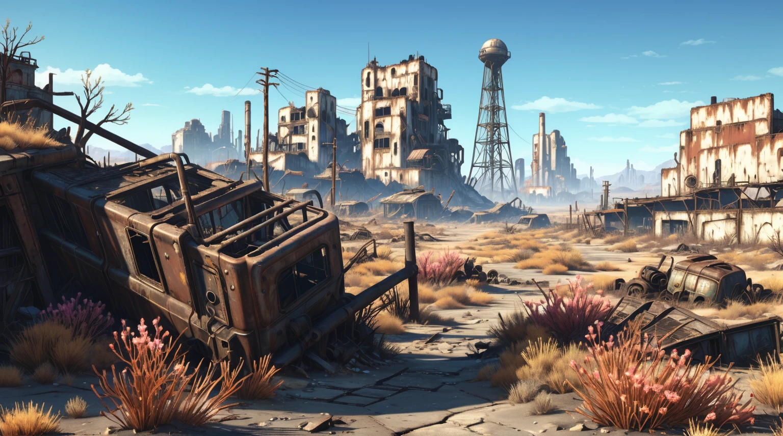 anime aestetics, anime scenery, landscape, wallpaper, huge deserted city, western city ruins, dry grass, dry flowers, desert, fallout environment, in the fallout wasteland, fallout 4 render, stylization for fallout 4, mining outpost, rural wastelands, fallout 4, wastelands, apocalyptic, wide shot, atmospheric perspective, perspective, pov, 8k, highres, best quality, award winning, super detail, masterpiece, UHD