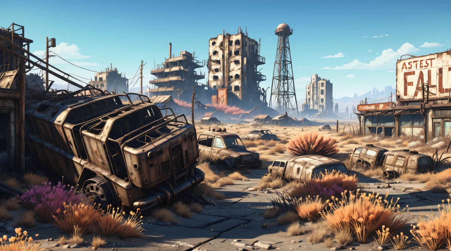  anime aestetics, anime scenery, landscape, wallpaper, huge deserted city, western city ruins, dry grass, dry flowers, desert, fallout environment, in the fallout wasteland, fallout 4 render, stylization for fallout 4, mining outpost, rural wastelands, fallout 4, wastelands, apocalyptic, wide shot, atmospheric perspective, perspective, pov, 8k, highres, best quality, award winning, super detail, masterpiece, UHD