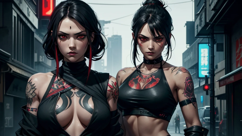 Artwork, une fille, gangster, Yakuza, tatouage sur tout le corps, dressed in black, regard agressif, Red eyes, black hair tied, two sabers in the back, cyberpunk dark fantasy, epic, colored