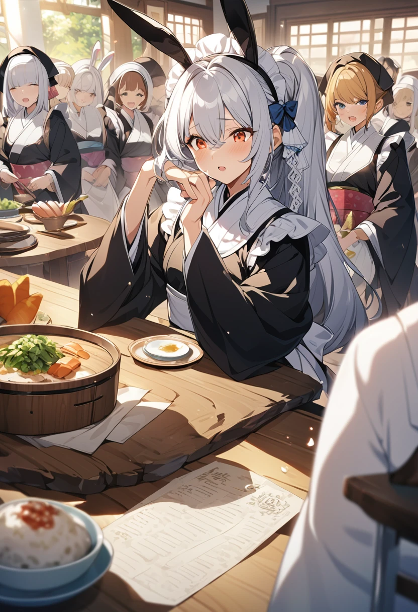 Highest quality, Tabletop, Game CG, (kimono),Maid,Nuns, bunny, 複数のgirl, 6+girl, Bunny ears, Rabbit's Tail, 6人のgirl, 6人のgirl, lureする, obscene, desire, lure, (Stir),