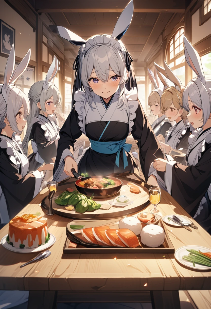 Highest quality, Tabletop, Game CG, (kimono),Maid,Nuns, bunny, 複数のgirl, 6+girl, Bunny ears, Rabbit's Tail, 6人のgirl, 6人のgirl, lureする, obscene, desire, lure, (Stir),