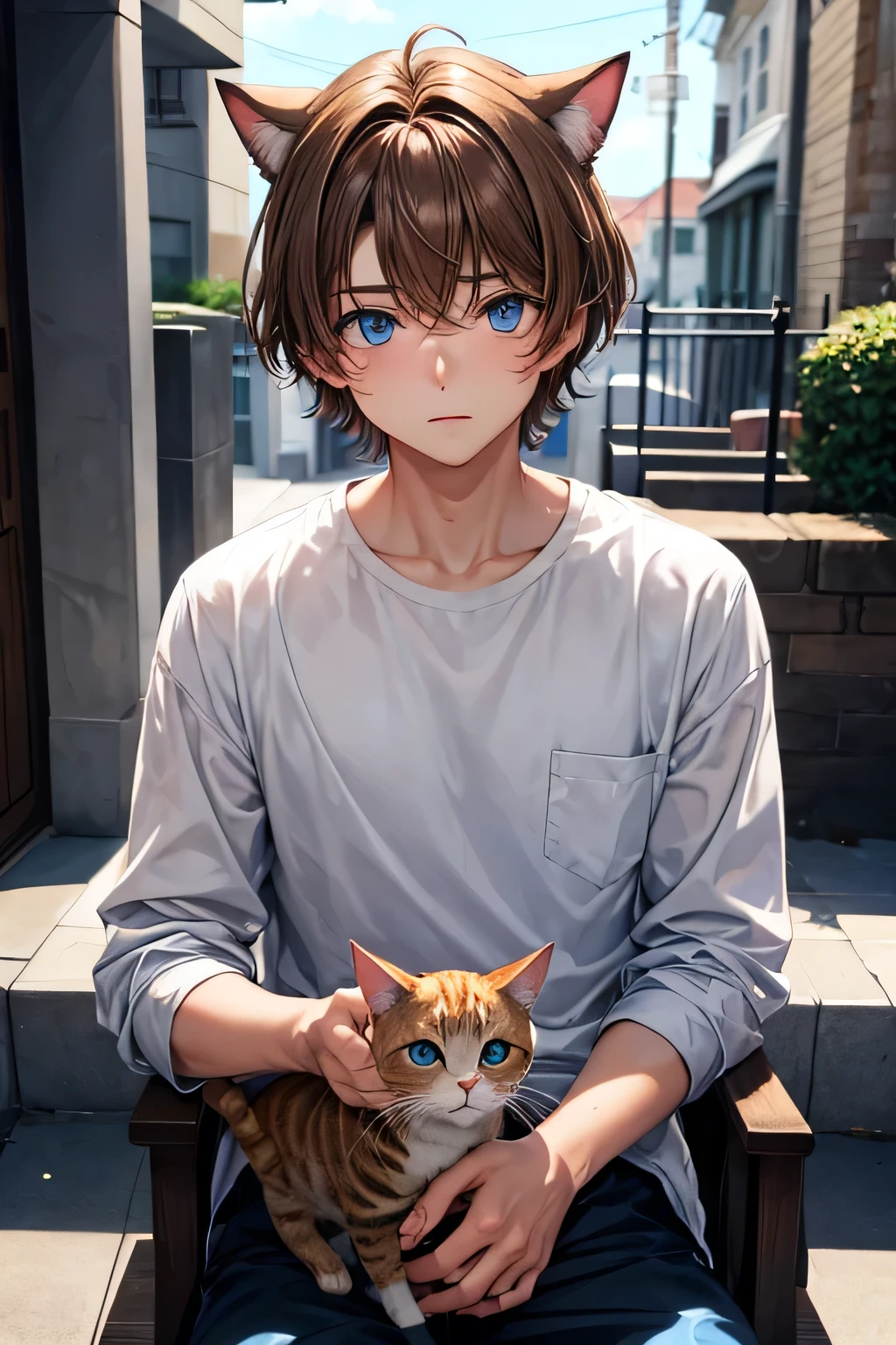 boy blue eyes light brown hair cat