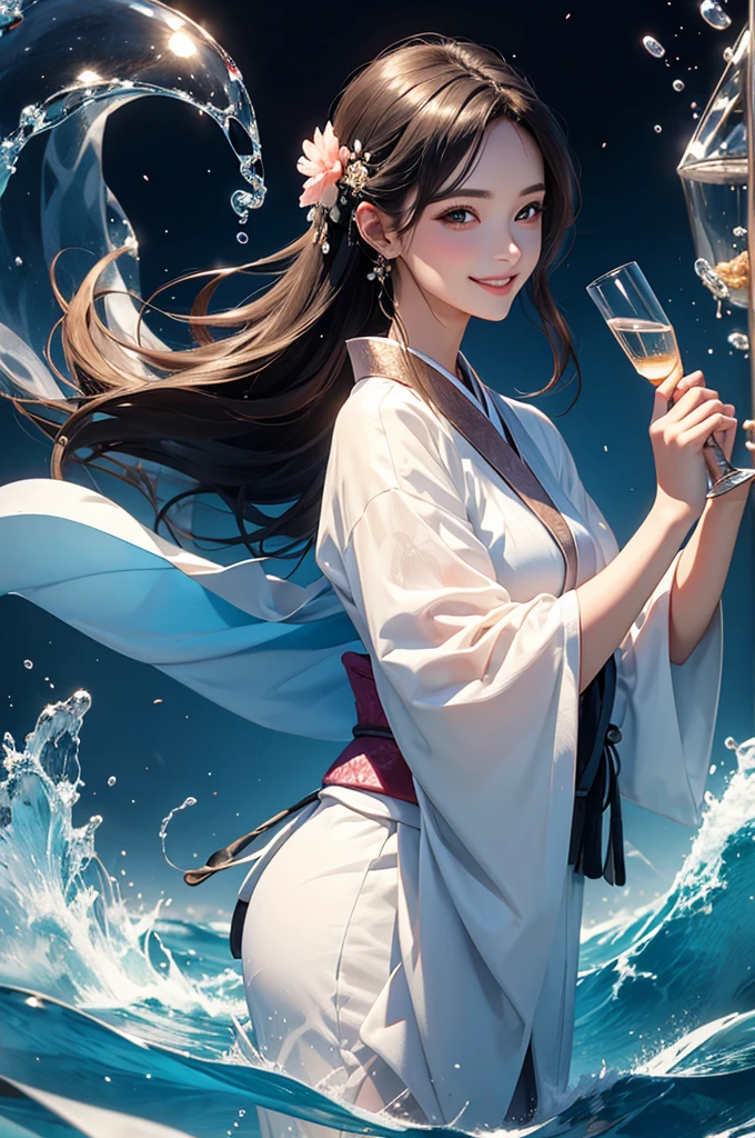 Smiling beautiful woman in a kimono holding a transparent glass of water close to her face