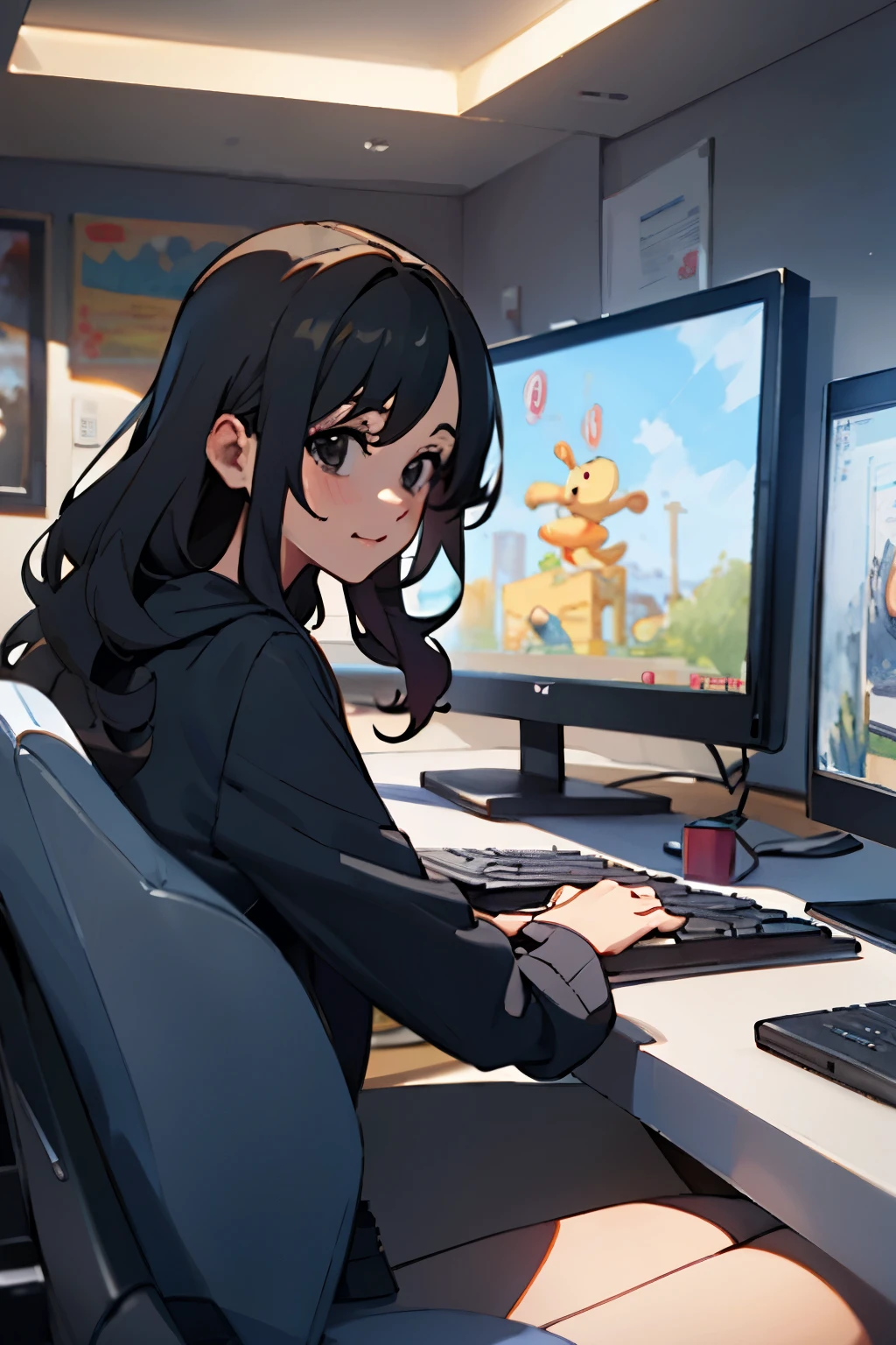 ((Best Quality)), ((masterpiece)), (detailed), 1 chica gamer, long wavy black hair, black eyes, black sweatshirt playing video games happy on a pc