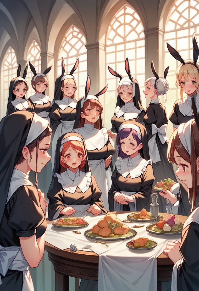 Best quality, tabletop, game CG, (kimono), maid, nun, bunny, multiple girls, 6+ girls, rabbit ears, rabbit tail, 6 girls, 6 girls, seduce, obscene, desire, temptation, (agitation),
