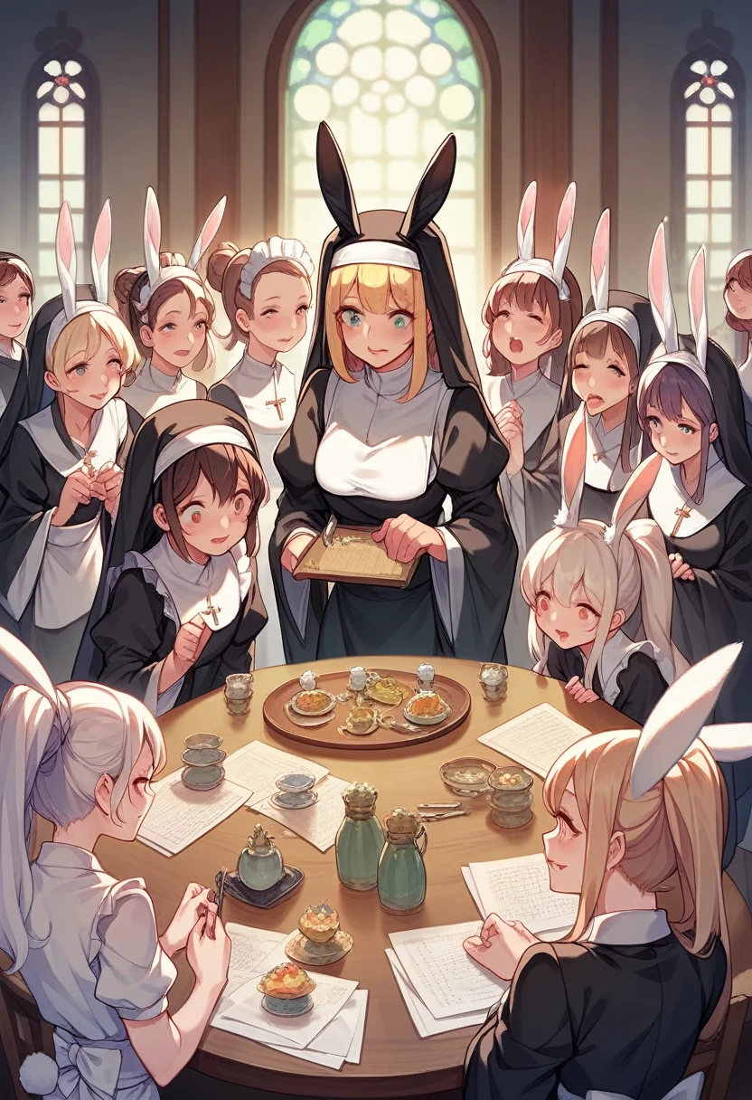 Best quality, tabletop, game CG, (kimono), maid, nun, bunny, multiple girls, 6+ girls, rabbit ears, rabbit tail, 6 girls, 6 girls, seduce, obscene, desire, temptation, (agitation),