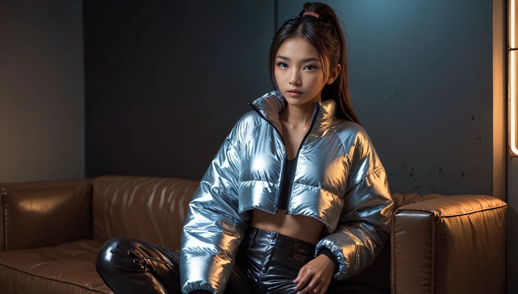 Top Quality, Masterpiece, High Resolution, 8k, (cute skinny barely legal girl ((((in oversized loose shiny puffer crop shirt with deep cleavage, deep neckline)))) and wetlook leggings, ((small perky breasts)), beautiful detailed eyes, beautiful detailed lips, small closed mouth, extremely detailed face, tanned skin, long slick ponytail hair, small hips, some tattoos, very young girl, asian girl), (((in cyberpunk apartment, random pose next to a couch))), moody atmosphere, random dramatic and neon colors, futuristic setting, intricate details, at night, backlit, full body shot