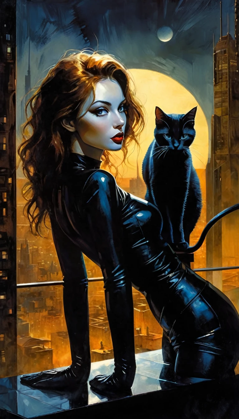 very sexy girl drinks coffee with her pet cat, on a terrace overlooking a futuristic city, sunrise,perfect ass, eroticism, sexy,eroticism, sexy, black and white image, between shadows, oil painting, chiaroscuro, sensual, dramatic lighting, moody atmosphere, photorealistic, intricate details, masterpiece, ultra-detailed, high quality, 8k, best quality, realistic, cinematic, dark and brooding, expressionistic, powerful composition, emotional impact, Bill Sienkiewicz inspired art
(best quality,4k,8k,highres,masterpiece:1.2),ultra-detailed,(realistic,photorealistic,photo-realistic:1.37),intricate details,vivid colors,sharp focus,professional,Dave McKean artwork, oil touch of surrealism,oil painting style,portrait,woman,beautiful detailed eyes,beautiful detailed lips,dreamlike atmosphere,shadow play,soft lighting,playful pose,dark hues,ethereal background,fantasy elements,texture,layered composition.