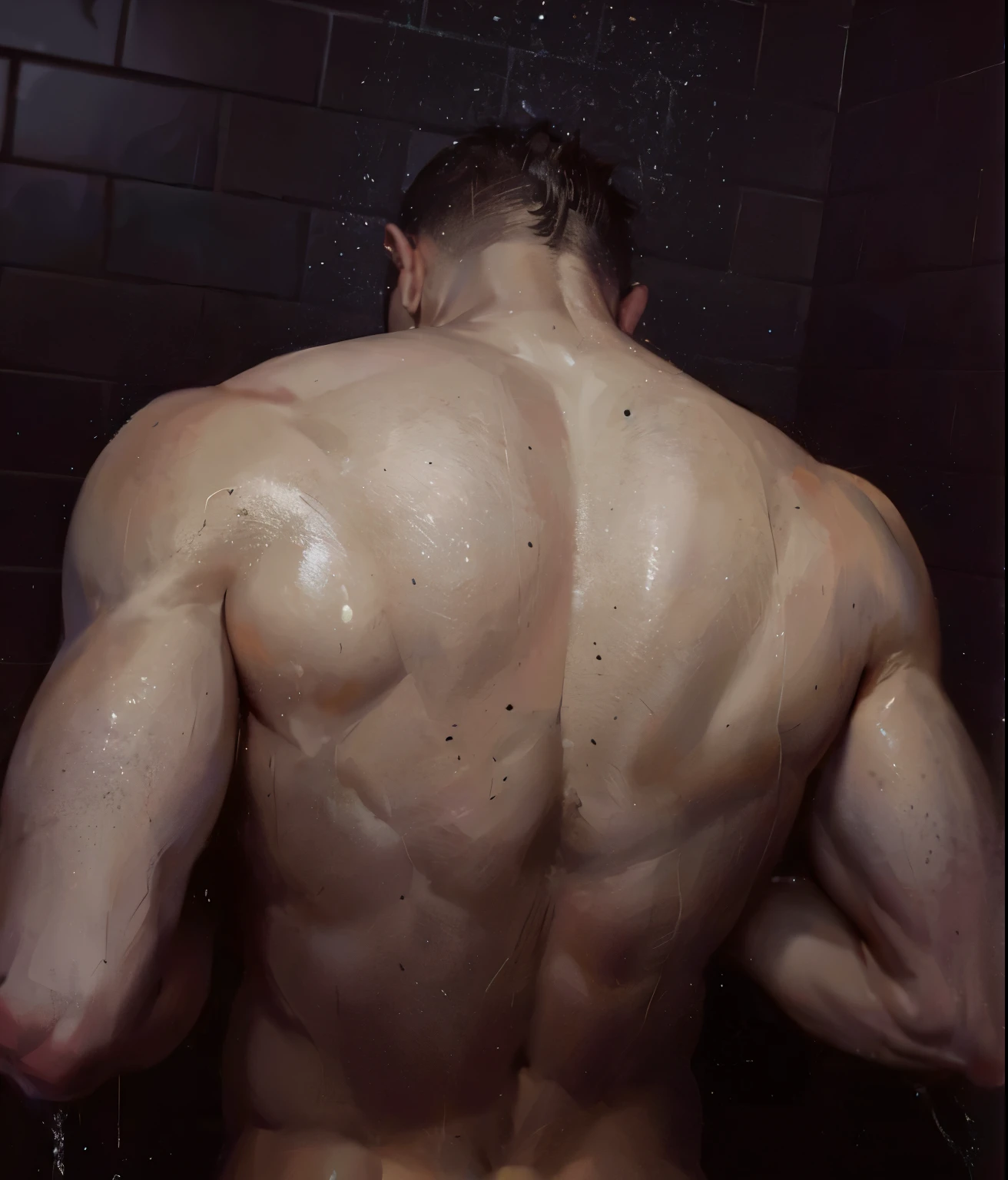 hunk man in a bathroom looking at his reflection in the mirror, full growth from the back, his arms are behind his back, arms behind the back, slim, muscular build, 2-1  Korean muscular boy, in full growth from the back, coast pose, flexionando grandes muscles, Arched muscles;, muscles, Scrawny, but muscular, Poses and flexion