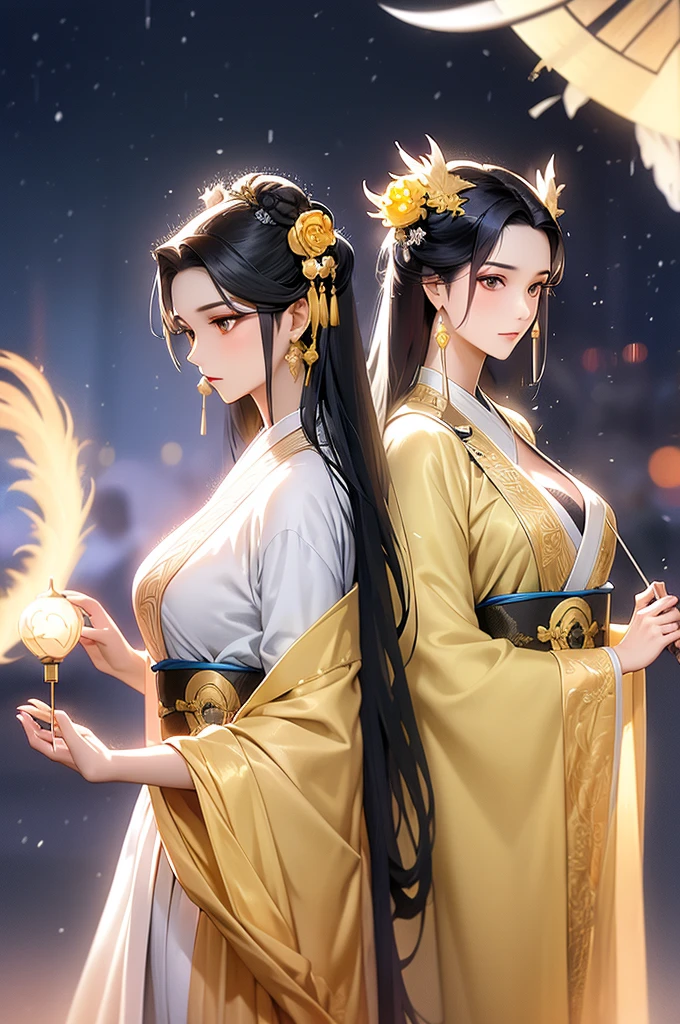 Black Hair, Immortal, Beauty, Royal sister, Stepmother, Gold Yellow Taoist robe, Golden Phoenix Coronet, Hair Bunch, Beautiful Breasts , Mature Woman,Sunshine