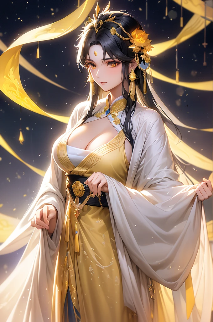 Black Hair, Immortal, Beauty, Royal sister, Stepmother, Gold yellow Taoist robe, Phoenix Coronet, Hair Bunch, Phoenix Sense, Beautiful breasts