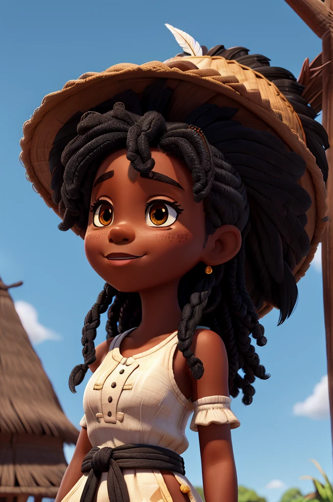 cartoon black girl, Wearing traditional thatched hat with feathers on head Q version 3D rendering, Lovely and detailed digital art,。HD hand-painted scene original painting 4k high resolution water splash elements