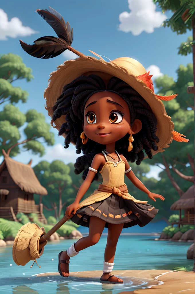 cartoon black girl, Wearing traditional thatched hat with feathers on head Q version 3D rendering, Lovely and detailed digital art,。HD hand-painted scene original painting 4k high resolution water splash elements