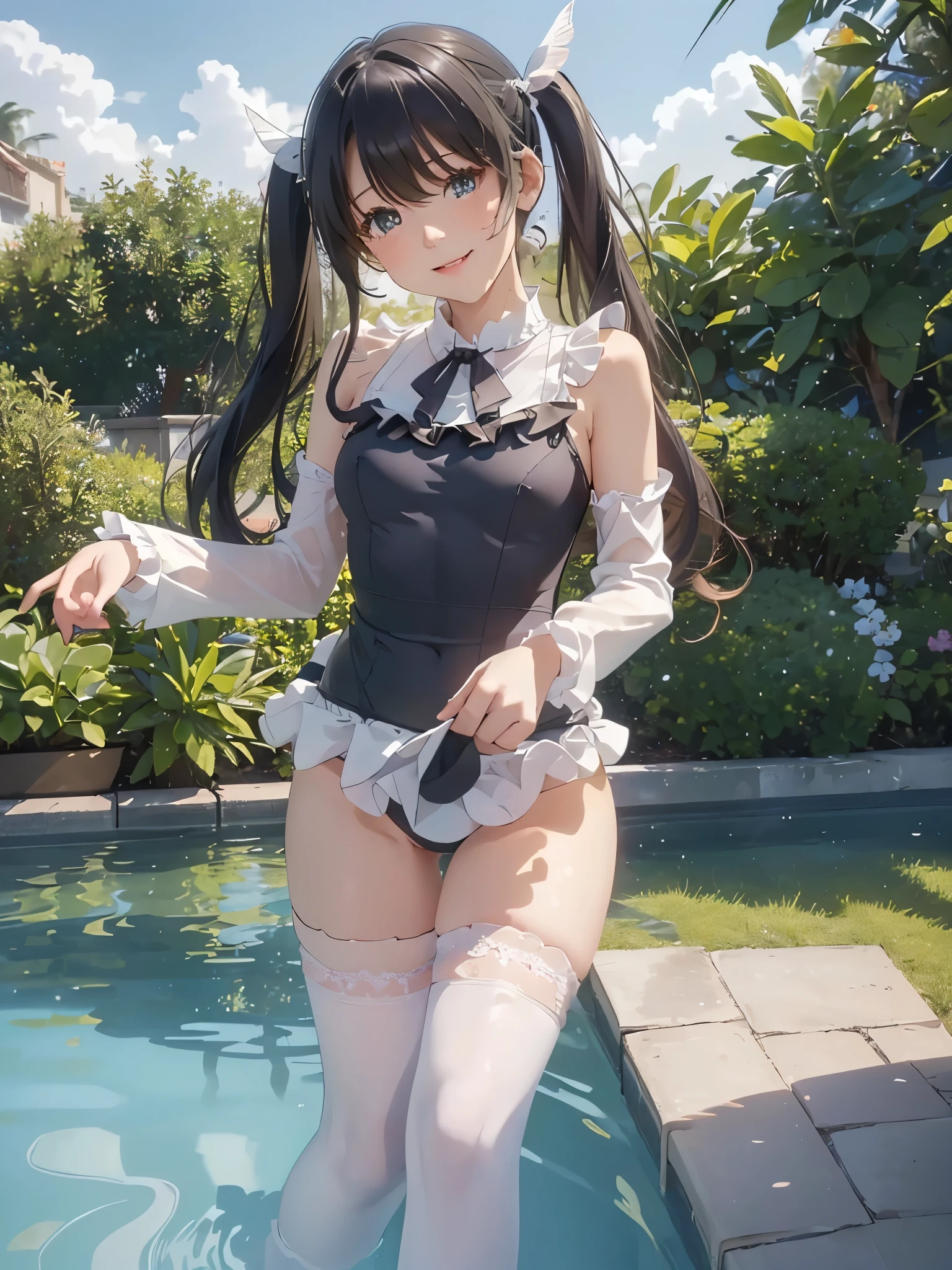 ((masterpiece)), ((highest quality、Ultra high definition)), (Very detailed),8k、Photo quality、((Amazingly cute girl)),)), Two people, , (Beautiful emerald blue eyes), ((smile、Small breasts)),In the open-air bath overlooking the sea, Beautifully arranged black hair in twin tails、Slim Body、(((Cute swimsuit with lace and frills)))、Professional Lighting、(White lace knee-highore detailed and beautiful)、(More details and cutenesore realistic)、((Just wear light clothing))、Frolic in the pool、((unbelievably cute))、((A cute pose))、