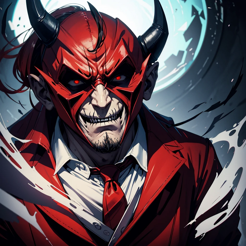 evil man with half his face in a devil mask