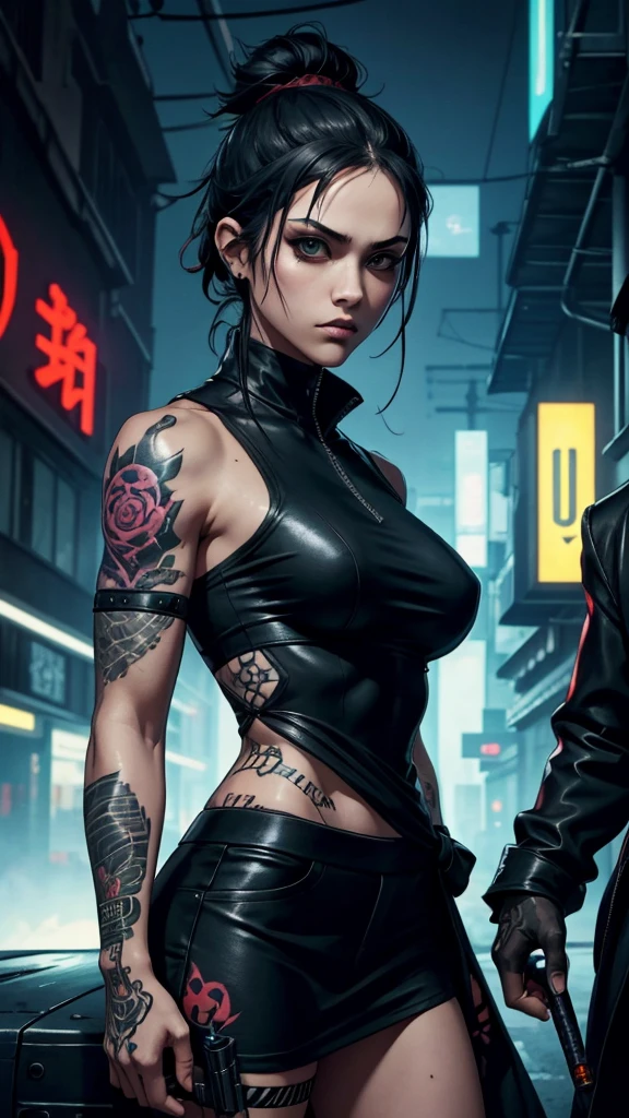 Artwork, une fille, gangster, Yakuza, tatouage sur tout le corps, dressed in black, regard agressif, black hair tied, two sabers in the back, cyberpunk dark fantasy, epic, colored