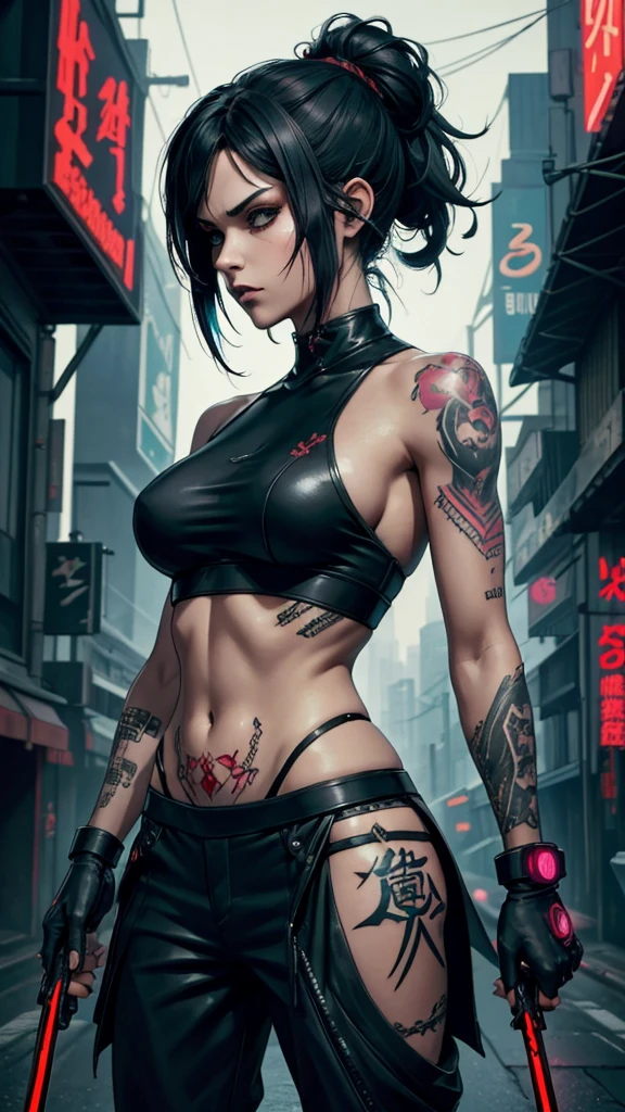 Artwork, une fille, gangster, Yakuza, tatouage sur tout , dressed in black, regard agressif, black hair tied, two sabers in the back, cyberpunk dark fantasy, epic, colored