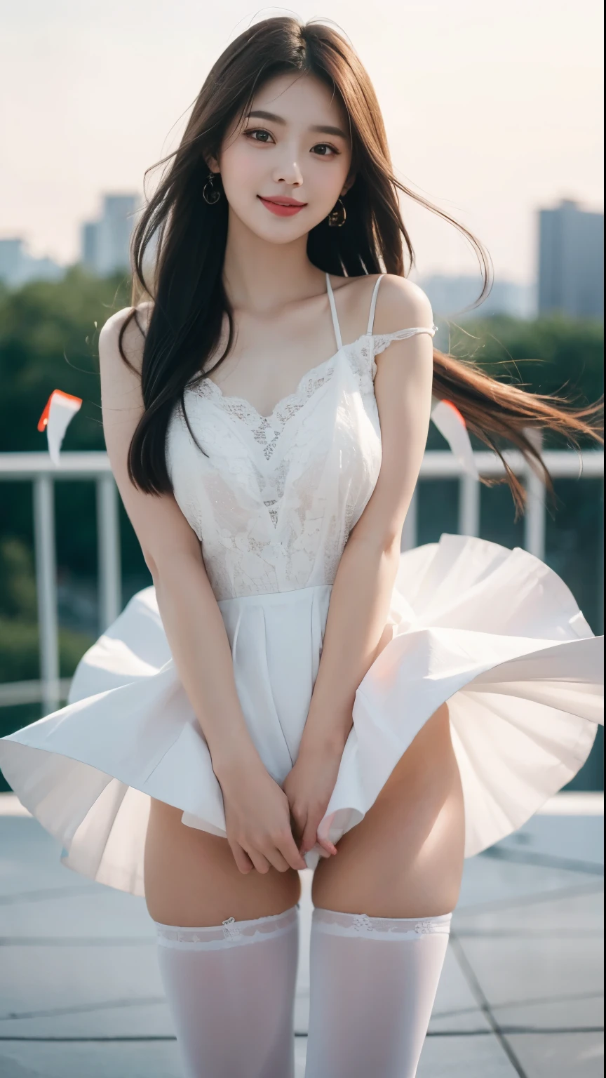ulzzang-6500-v1.1,  (Genuine:1.4), (masterpiece),  (Highest quality, 8k, 32K, masterpiece:1.2),Beautiful Japanese Women Photos,(Sad Smile,blush:1.1),Looking at the audience,(Beautifully detailed dress skirt:1.2),Leg Details,(Spread your legs:0.9),(Lace panties:0.9),(Ultra-realistic pantyhose:1.2),(Wind power increase:1.6), whole body,the wind is strong,city,Outdoor